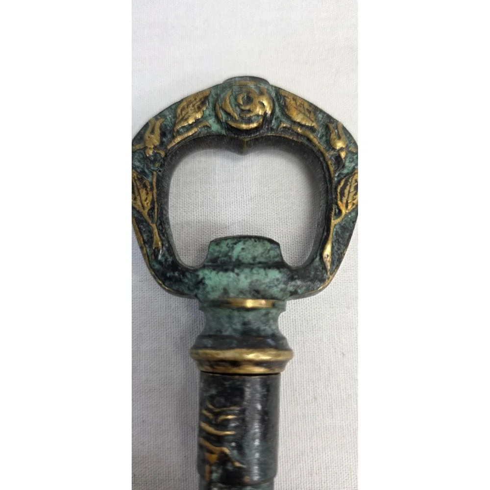 Vintage Skeleton Key Corkscrew Bottle Opener Verdigris Rose Embossed Bar Tool